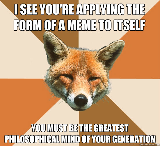 I see you're applying the form of a meme to itself You must be the greatest philosophical mind of your generation  Condescending Fox