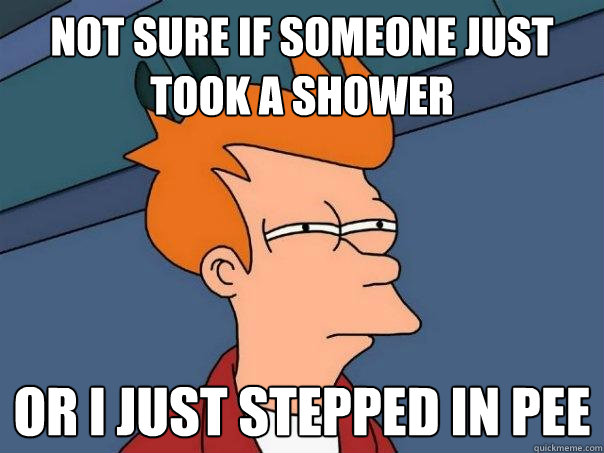 not sure if someone just took a shower or i just stepped in pee - not sure if someone just took a shower or i just stepped in pee  Futurama Fry