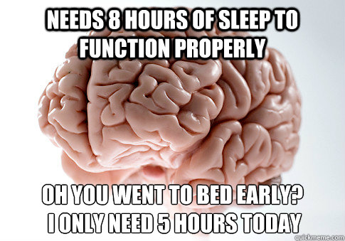 Needs 8 hours of sleep to function properly Oh you went to bed early?
 I only need 5 hours today  Scumbag Brain