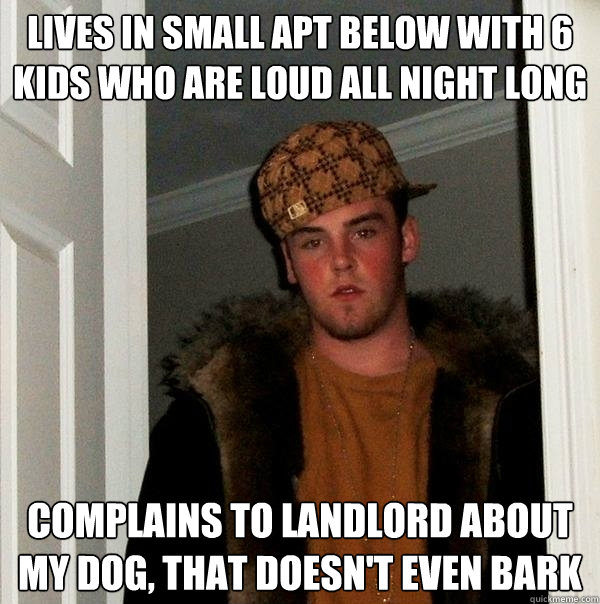 lives in small apt below with 6 kids who are loud all night long complains to landlord about my dog, that doesn't even bark  Scumbag Steve