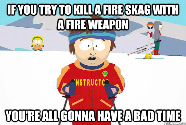 If you try to kill a fire skag with a fire weapon You're all gonna have a bad time  South Park Youre Gonna Have a Bad Time