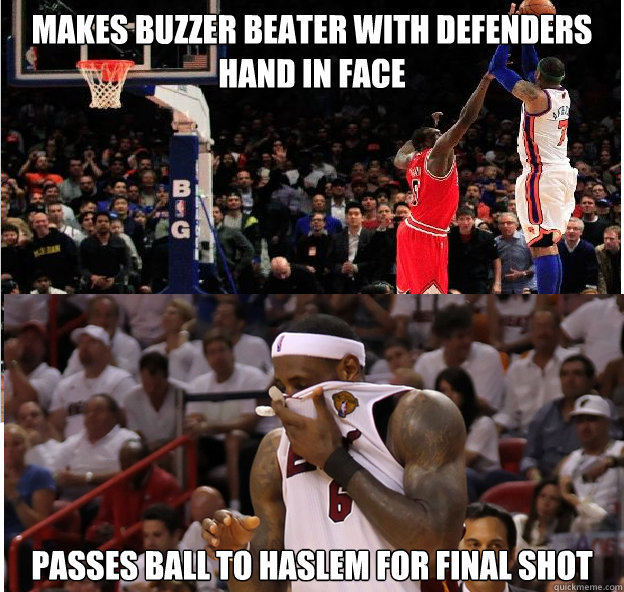 Makes BUzzer Beater with DEfenders hand in face Passes BAll to Haslem for Final shot - Makes BUzzer Beater with DEfenders hand in face Passes BAll to Haslem for Final shot  Lebron Melo