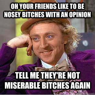 OH YOUR FRIENDS LIKE TO BE NOSEY BITCHES WITH AN OPINION TELL ME THEY'RE NOT MISERABLE BITCHES AGAIN - OH YOUR FRIENDS LIKE TO BE NOSEY BITCHES WITH AN OPINION TELL ME THEY'RE NOT MISERABLE BITCHES AGAIN  Condescending Wonka