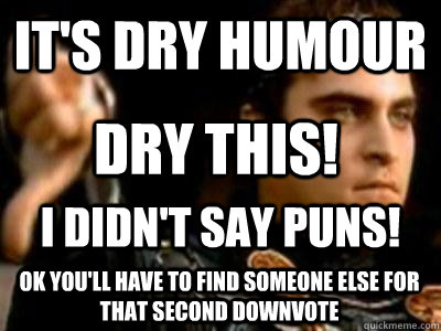 It's dry humour Dry this! I didn't say puns! ok you'll have to find someone else for that second downvote - It's dry humour Dry this! I didn't say puns! ok you'll have to find someone else for that second downvote  Downvoting Roman