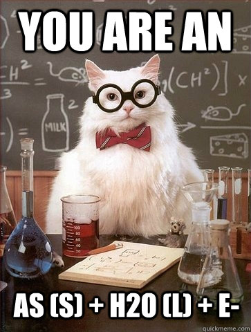 You are an As (s) + h2O (l) + e-  Chemistry Cat