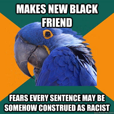 makes new black friend fears every sentence may be somehow construed as racist - makes new black friend fears every sentence may be somehow construed as racist  Paranoid Parrot