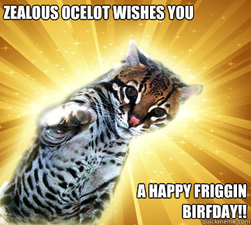 Zealous ocelot wishes you  a happy friggin birfday!!
  ZEALOUS OCELOT