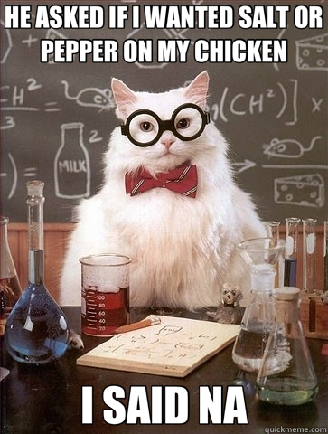 HE ASKED IF I WANTED SALT OR PEPPER ON MY CHICKEN I SAID NA  Chemistry Cat