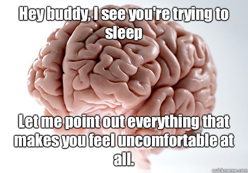 Hey buddy, I see you're trying to sleep Let me point out everything that makes you feel uncomfortable at all.   Scumbag Brain