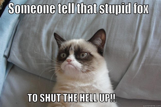 STUPID FOX - SOMEONE TELL THAT STUPID FOX                  TO SHUT THE HELL UP!!                         Grumpy Cat