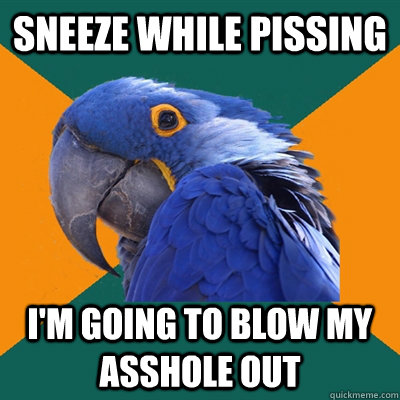 Sneeze while pissing I'm going to blow my asshole out  Paranoid Parrot