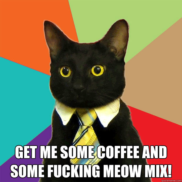  Get me some coffee and some fucking meow mix!  Business Cat