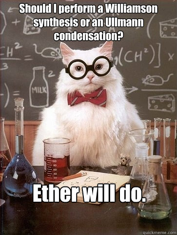 Should I perform a Williamson synthesis or an Ullmann condensation? Ether will do.  Chemistry Cat