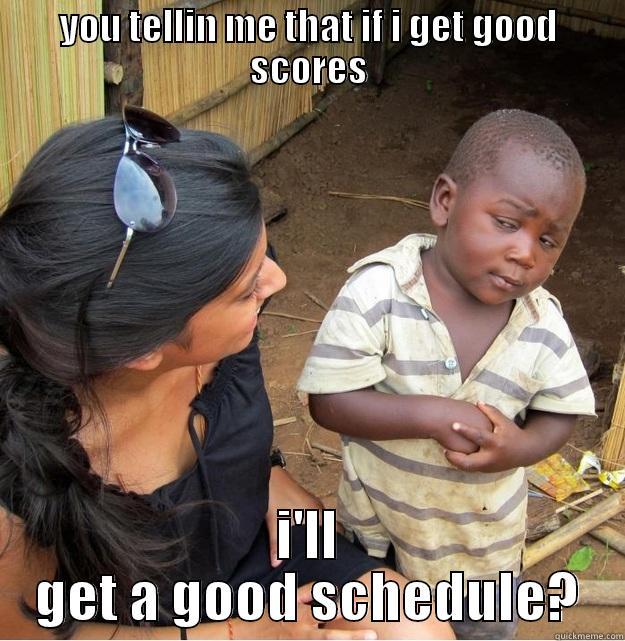 YOU TELLIN ME THAT IF I GET GOOD SCORES I'LL GET A GOOD SCHEDULE? Skeptical Third World Kid