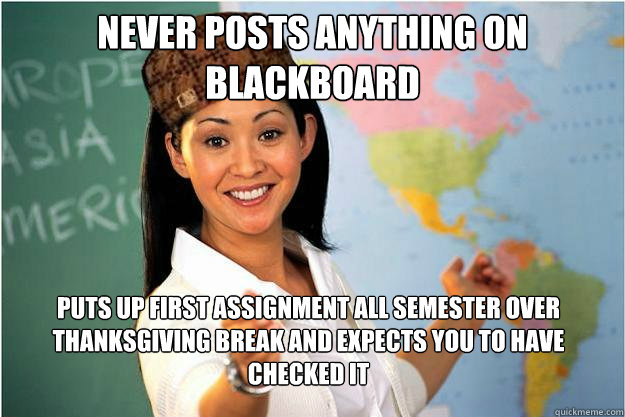 Never posts anything on blackboard puts up first assignment all semester over thanksgiving break and expects you to have checked it  Scumbag Teacher