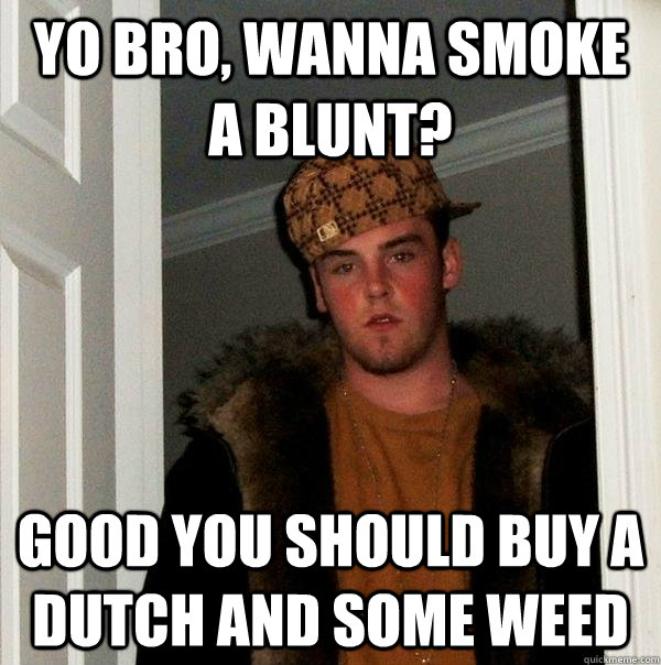 yo bro, wanna smoke a blunt? good you should buy a dutch and some weed   Scumbag Steve