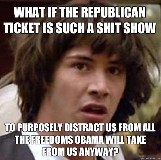 What if the republican ticket is such a shit show To purposely distract us from all the freedoms Obama will take from us anyway?  conspiracy keanu