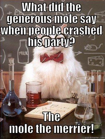 WHAT DID THE GENEROUS MOLE SAY WHEN PEOPLE CRASHED HIS PARTY? THE MOLE THE MERRIER! Chemistry Cat