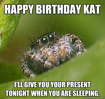 Happy birthday Kat I'll give you your present tonight when you are sleeping. - Happy birthday Kat I'll give you your present tonight when you are sleeping.  Misunderstood Spider