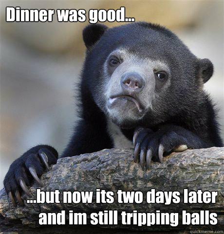 Dinner was good... ...but now its two days later and im still tripping balls  Confession Bear