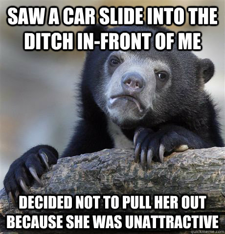 Saw a car slide into the ditch in-front of me Decided not to pull her out because she was unattractive - Saw a car slide into the ditch in-front of me Decided not to pull her out because she was unattractive  Confession Bear