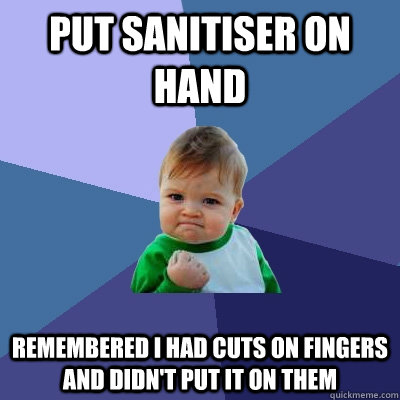 put sanitiser on hand remembered i had cuts on fingers and didn't put it on them - put sanitiser on hand remembered i had cuts on fingers and didn't put it on them  Success Kid