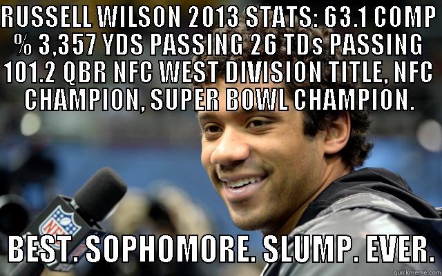 RUSSELL WILSON 2013 STATS: 63.1 COMP % 3,357 YDS PASSING 26 TDS PASSING 101.2 QBR NFC WEST DIVISION TITLE, NFC CHAMPION, SUPER BOWL CHAMPION.   BEST. SOPHOMORE. SLUMP. EVER. Misc