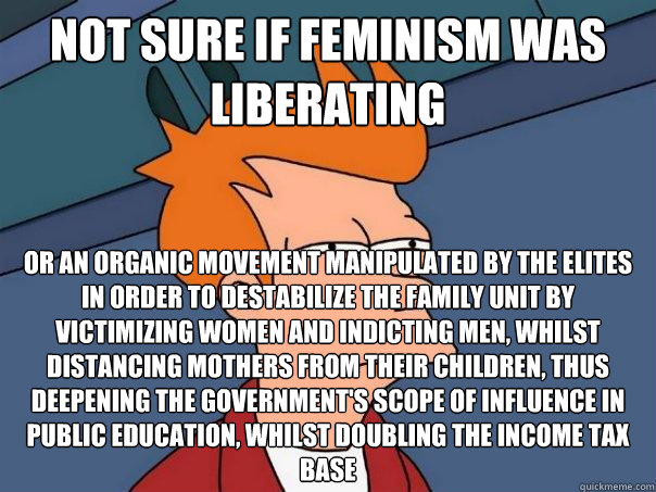 not sure if feminism was liberating or an organic movement manipulated by the elites in order to destabilize the family unit by victimizing women and indicting men, whilst distancing mothers from their children, thus deepening the government's scope of in  Futurama Fry