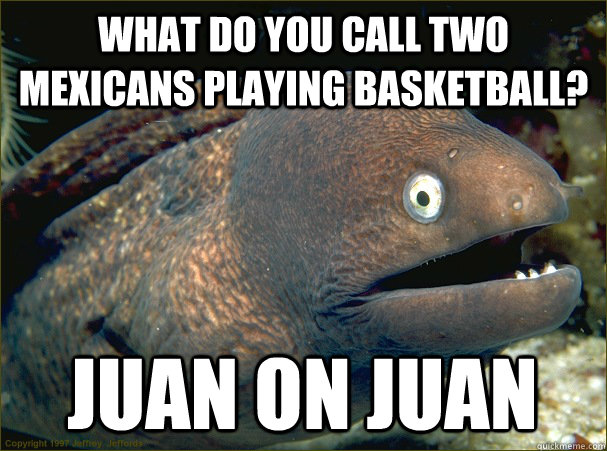 What do you call two mexicans playing basketball? juan on juan  Bad Joke Eel