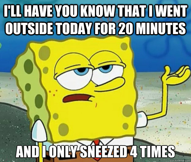 I'll have you know that I went outside today for 20 minutes And i only sneezed 4 times  Tough Spongebob