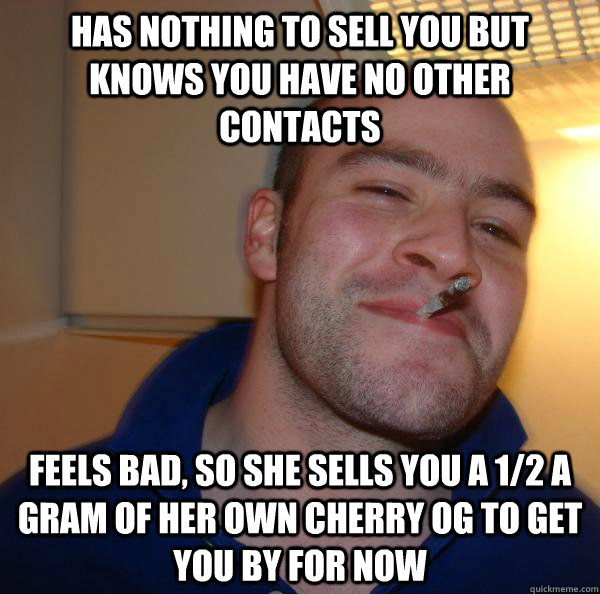 Has nothing to sell you but knows you have no other contacts Feels bad, so she sells you a 1/2 a gram of her own Cherry OG to get you by for now - Has nothing to sell you but knows you have no other contacts Feels bad, so she sells you a 1/2 a gram of her own Cherry OG to get you by for now  Misc