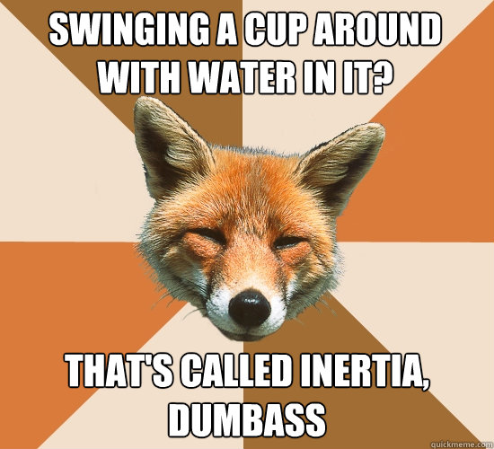 Swinging a cup around with water in it?
 That's called inertia, dumbass  Condescending Fox