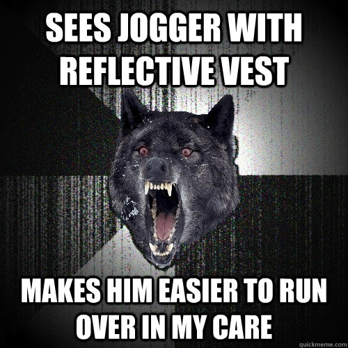 SEES JOGGER WITH REFLECTIVE VEST MAKES HIM EASIER TO RUN OVER IN MY CARE  Insanity Wolf