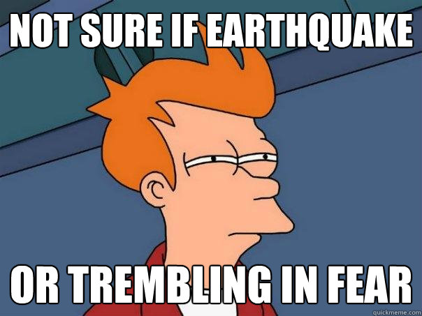 NOT SURE IF EARTHQUAKE OR TREMBLING IN FEAR  Futurama Fry