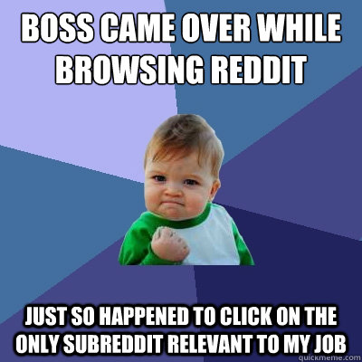 Boss came over while browsing reddit just so happened to click on the only subreddit relevant to my job  Success Kid