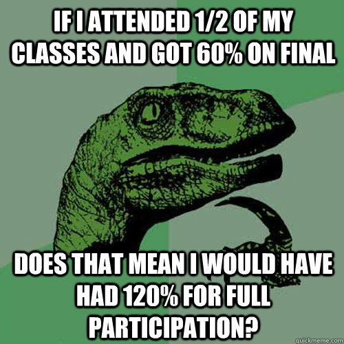 If I attended 1/2 of my classes and got 60% on final Does that mean I would have had 120% for full participation? - If I attended 1/2 of my classes and got 60% on final Does that mean I would have had 120% for full participation?  Philosoraptor