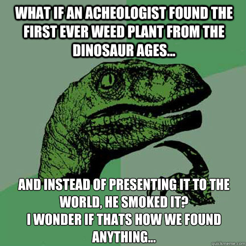 What if an acheologist found the first ever weed plant from the dinosaur ages... And instead of presenting it to the world, he smoked it?
i wonder if thats how we found anything... - What if an acheologist found the first ever weed plant from the dinosaur ages... And instead of presenting it to the world, he smoked it?
i wonder if thats how we found anything...  Philosoraptor