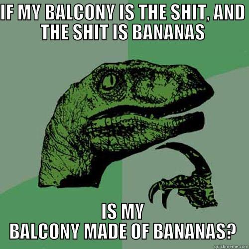 IF MY BALCONY IS THE SHIT, AND THE SHIT IS BANANAS IS MY BALCONY MADE OF BANANAS? Philosoraptor