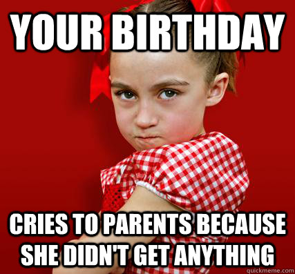 Your birthday cries to parents because she didn't get anything  