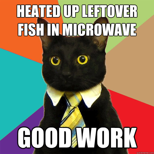 Heated up leftover fish in microwave good work - Heated up leftover fish in microwave good work  Business Cat