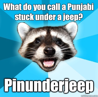 What do you call a Punjabi stuck under a jeep? Pinunderjeep - What do you call a Punjabi stuck under a jeep? Pinunderjeep  Lame Pun Coon