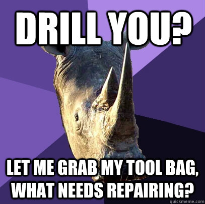 Drill you? Let me grab my tool bag, what needs repairing?  Sexually Oblivious Rhino