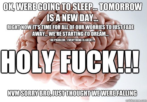 Right now it's time for all of our worries to just fade away... We're starting to dream...  HOLy Fuck!!! NVM Sorry bro, just Thought we were falling Ok, were going to sleep... Tomorrow is a new day...  no problem... everything is great....  Scumbag Brain