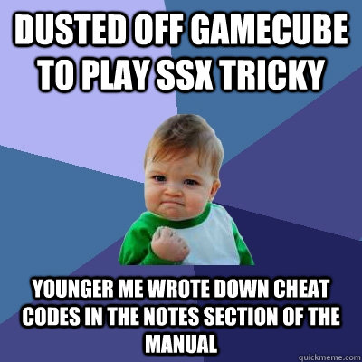 Dusted off gamecube to play ssx tricky younger me wrote down cheat codes in the notes section of the manual  Success Kid