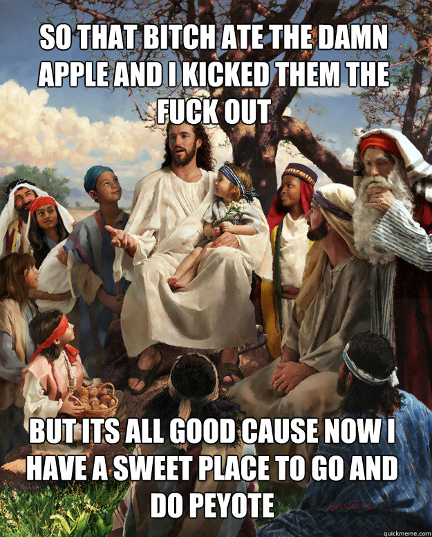 So that bitch ate the damn apple and i kicked them the fuck out but its all good cause now i have a sweet place to go and do peyote   Story Time Jesus