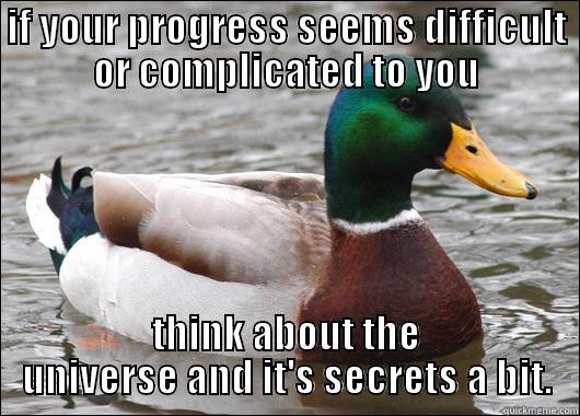 That will help - IF YOUR PROGRESS SEEMS DIFFICULT OR COMPLICATED TO YOU THINK ABOUT THE UNIVERSE AND IT'S SECRETS A BIT. Actual Advice Mallard