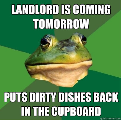 Landlord is coming tomorrow puts dirty dishes back in the cupboard  Foul Bachelor Frog