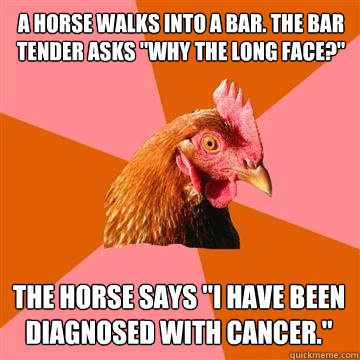 a horse walks into a bar. the bar tender asks 