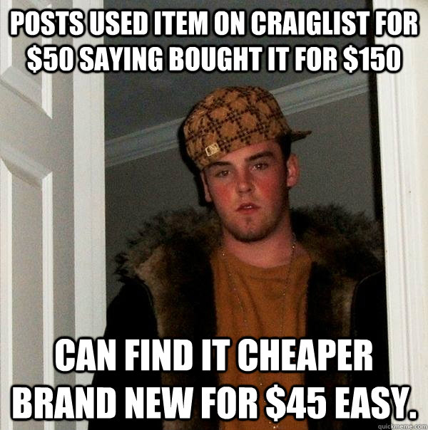 Posts used item on craiglist for $50 saying bought it for $150 Can find it cheaper brand new for $45 easy.  Scumbag Steve