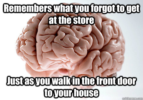 Remembers what you forgot to get at the store Just as you walk in the front door to your house  Scumbag Brain